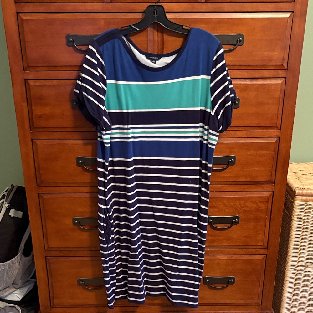 Lands' End Navy and Teal Striped Dress